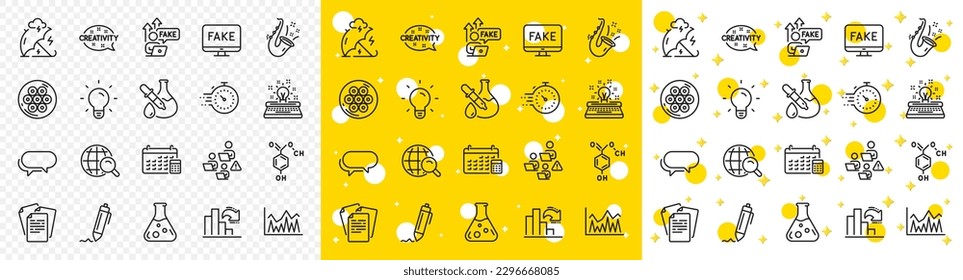 Outline Chemical formula, Stress protection and Typewriter line icons pack for web with Decreasing graph, Fake news, Chemistry experiment line icon. Cable section, Fake internet. Vector