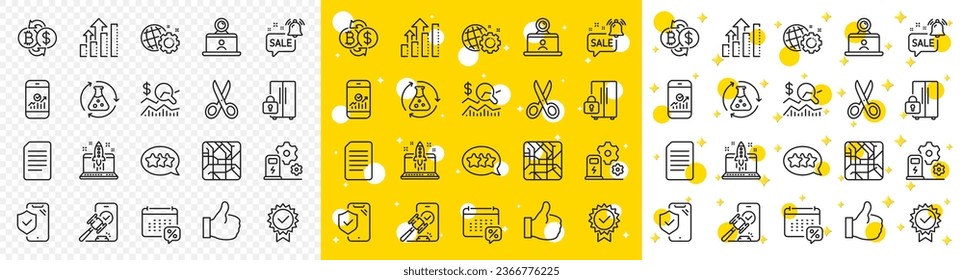 Outline Chemistry experiment, Smartphone statistics and Phone insurance line icons pack for web with Cut, Like, Charging station line icon. Refrigerator, Seo gear, Certificate pictogram icon. Vector