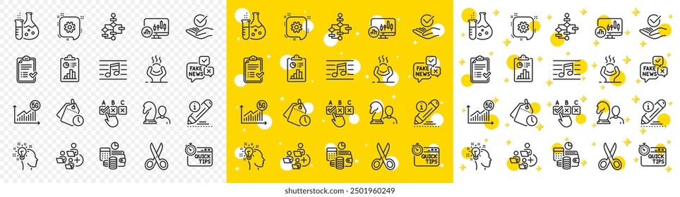 Outline Chemistry flask, Budget accounting and Quick tips line icons pack for web with Chess, Correct checkbox, Report line icon. Edit, Block diagram, Time management pictogram icon. Vector