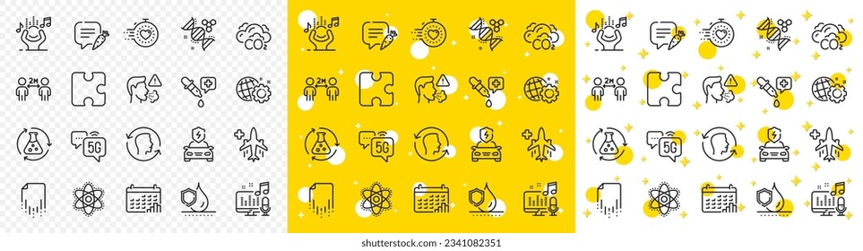 Outline Chemistry pipette, Noise and Chemistry atom line icons pack for web with 5g internet, Recovery file, Medical flight line icon. Seo gear, Timer, Car charging pictogram icon. Cough. Vector