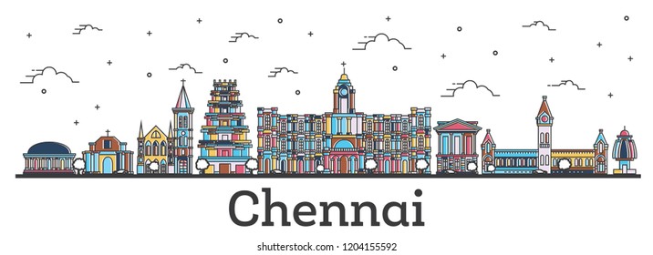 Outline Chennai India City Skyline with Color Buildings Isolated on White. Vector Illustration. Chennai Cityscape with Landmarks.