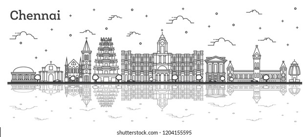 Outline Chennai India City Skyline with Historic Buildings and Reflections Isolated on White. Vector Illustration. Chennai Cityscape with Landmarks.