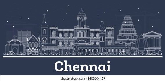 Outline Chennai India City Skyline With White Buildings. Vector Illustration. Business Travel And Tourism Concept With Historic Architecture. Chennai Cityscape With Landmarks.