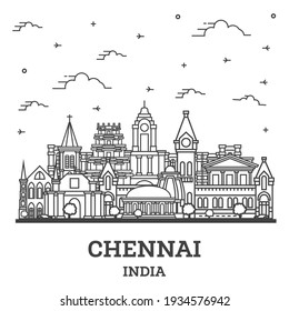 Outline Chennai India City Skyline with Historic Buildings Isolated on White. Vector Illustration. Chennai Cityscape with Landmarks.