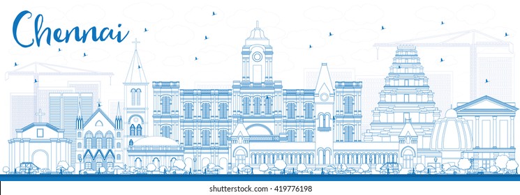 Outline Chennai Skyline with Blue Landmarks. Vector Illustration. Business Travel and Tourism Concept with Historic Buildings. Image for Presentation Banner Placard and Web Site. 