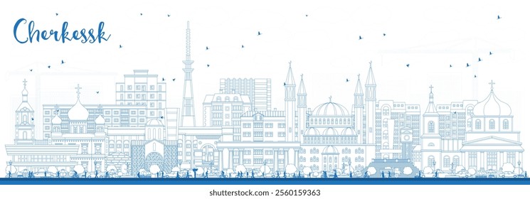 Outline Cherkessk Russia city skyline with blue buildings. Vector illustration. Cherkessk cityscape with landmarks. Business travel and tourism concept with modern and historic architecture.