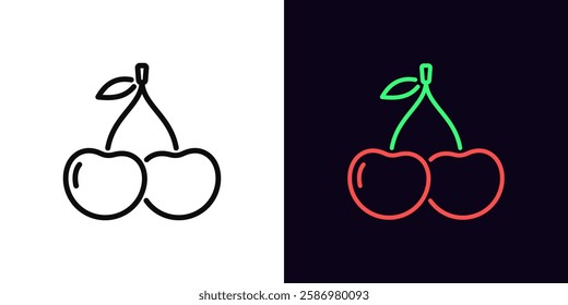 Outline cherry icon, with editable stroke. Cherry fruit with leaf, black and red outline silhouette. Ripe fruit, cherry garden, organic food, fruit diet, summer vitamins, health food. Vector icon