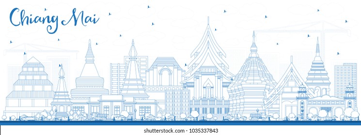 Outline Chiang Mai Thailand City Skyline with Blue Buildings. Vector Illustration. Business Travel and Tourism Concept with Modern Architecture. Chiang Mai Cityscape with Landmarks. svg