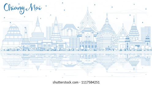 Outline Chiang Mai Thailand City Skyline with Blue Buildings and Reflections. Vector Illustration. Business Travel and Tourism Concept with Modern Architecture. Chiang Mai Cityscape with Landmarks. svg