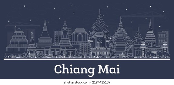 Outline Chiang Mai Thailand City Skyline with White Buildings. Vector Illustration. Business Travel and Tourism Concept with Modern Architecture. Chiang Mai Cityscape with Landmarks. svg