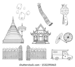 Outline Chiang Mai Thailand symbol and local landmark vector. svg
