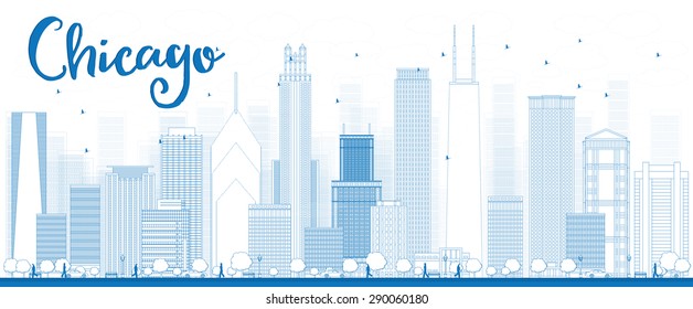 Outline Chicago city skyline with blue skyscrapers. Vector illustration. Business travel and tourism concept with modern building. Image for presentation, banner, placard and web site