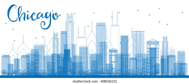 Outline Chicago city skyline with blue skyscrapers. Vector illustration. Business travel and tourism concept with modern building. Image for presentation, banner, placard and web site