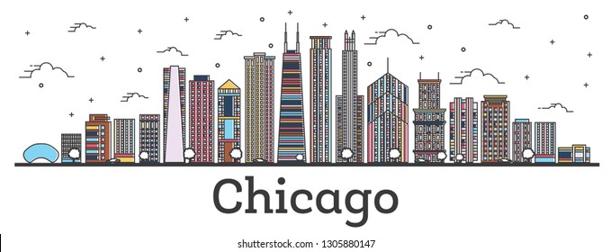 Outline Chicago Illinois City Skyline with Color Buildings Isolated on White. Vector Illustration. Chicago Cityscape with Landmarks. 