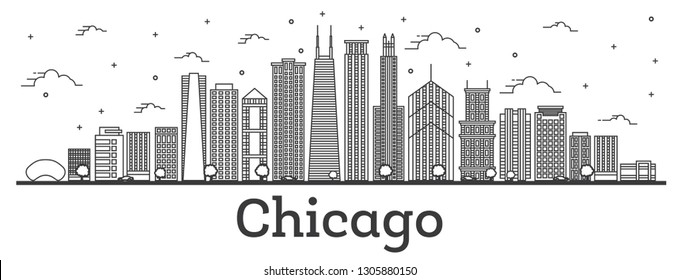 Outline Chicago Illinois City Skyline with Modern Buildings Isolated on White. Vector Illustration. Chicago Cityscape with Landmarks. 