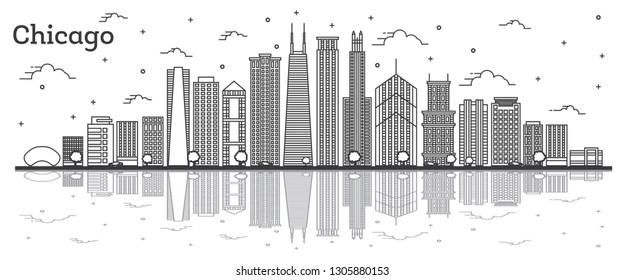 Outline Chicago Illinois City Skyline with Modern Buildings and Reflections Isolated on White. Vector Illustration. Chicago Cityscape with Landmarks. 