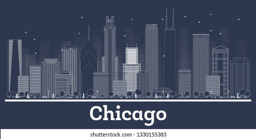 Outline Chicago Illinois City Skyline with White Buildings. Vector Illustration. Business Travel and Tourism Concept with Historic Architecture. Chicago Cityscape with Landmarks. 