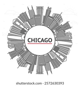 Outline Chicago Illinois City Skyline with Modern Buildings and copy space Isolated on White. Vector Illustration. Chicago Cityscape with Landmarks.