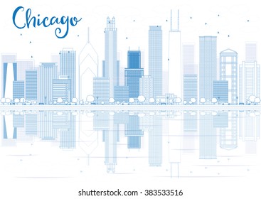 Outline Chicago skyline with blue buildings and reflections. Vector illustration. Business travel and tourism concept with place for text. Image for presentation, banner, placard and web site.