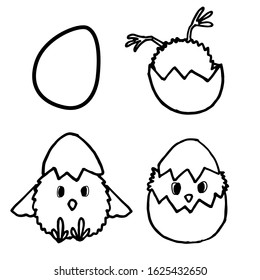 Outline chick hatching on white isolated backdrop. Easter mascot for invitation or gift card, notebook, bath tile, scrapbook. Phone case or cloth print art. Doodle style stock vector illustration