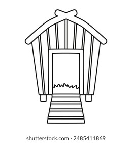 outline chicken coop isolated on white background, wooden house for hens, poultry farming symbol