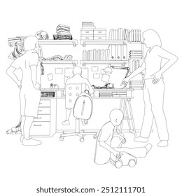 Outline of children room with table and many interior objects. Father and mother are standing next to their children. Small child playing on the floor. Child sitting at the table. Vector illustration.