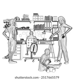 Outline of children room with table and many interior objects. Father and mother are standing next to their children. Small child playing on the floor. Child sitting at the table. Vector illustration.