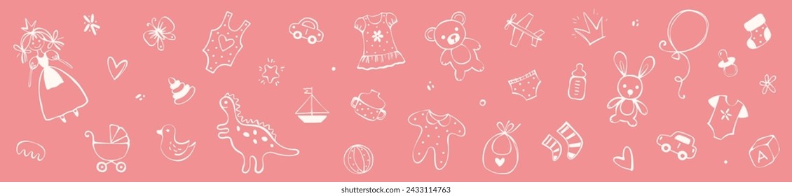 Outline child's elements. Kid's background. Hand drawn objects and icons for baby store and school, wall art, home decor, print, pattern, wallpaper, banner, brochure, email header, flyer.