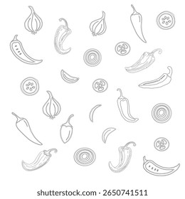 Contorno Chilli e Alho Sem Costura Padrão - Vetor Sketch Food Design. Padrão De Ingrediente Picante Desenhado À Mão. Padrão De Comida De Contorno Perfeito - Pimenta, Alho, Tomate, Cebola Vetor.  