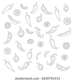 Contorno Chilli e Alho Sem Costura Padrão - Vetor Sketch Food Design. Padrão De Ingrediente Picante Desenhado À Mão. Padrão De Comida De Contorno Perfeito - Pimenta, Alho, Tomate, Cebola Vetor.  