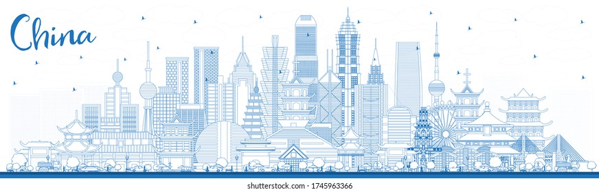 Outline China City Skyline with Blue Buildings. Famous Landmarks in China. Vector Illustration. Business Travel and Tourism Concept with Modern Architecture. China Cityscape with Landmarks.