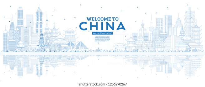 Outline China Skyline with Blue Buildings and Reflections. Famous Landmarks in China. Vector Illustration. Business Travel and Tourism Concept with Modern Architecture. China Cityscape with Landmarks.