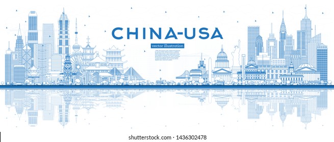 Outline China and USA Skyline with Blue Buildings and Reflections. Famous Landmarks. Vector Illustration. USA and China Trade War Concept.