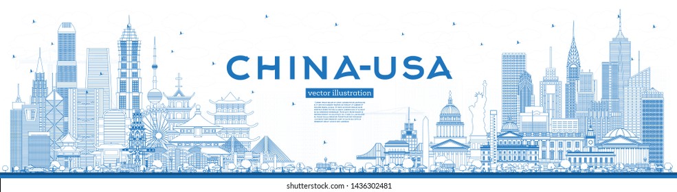 Skyline in China und den USA mit Blue Buildings. Berühmte Wahrzeichen. Vektorgrafik. US-amerikanisches und chinesisches Handelskriegskonzept.