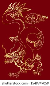 Outline Chinese dragon illustration for tattoo design or printing on jacket and t-shirt style.Japanese Dragon line drawing on white background.Dragon tattoo vector on isolated.Chinese clouds.