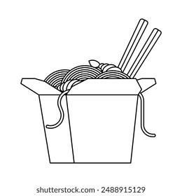 contornear fideos chinos en caja de papel con palillos, icono de fideos wok, silueta, Ilustración vectorial plana