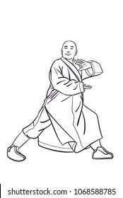 
outline Chinese vector shaolin monk in black and withe in kung fu pose, wearing an orange traditional dress