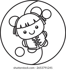 Resumo dos itens do ano chinês para o calendário. esboço da menina chinesa na frente de yin e yang