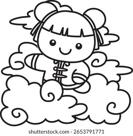 Outline of Chinese year items for calendar. outline of Chinese girl in the clouds