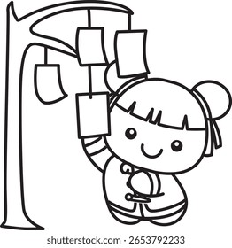 Outline of Chinese year items for calendar. outline of Chinese girl bring a lucky paper