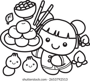 Contorno de itens ano chinês para calendário. contorno de menina chinesa trazer um monte de comida