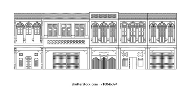 Outline of Chino-portuguese style at Phuket Old town.Vector illustration