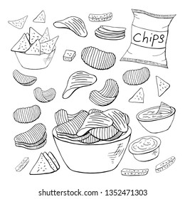 Outline chips collection on white background. Vector different chips elements isolated