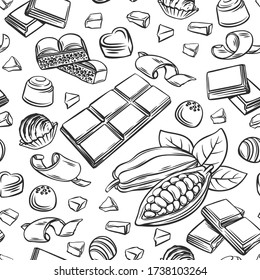 Outline chocolate seamless pattern. Hand drawn candy, Cocoa Beans, Chips, and Chocolate Bar background for confectionery products shop. Vector illustration.