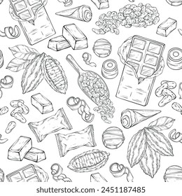 Outline Chocolate seamless pattern. Hand drawn candy, Cocoa Beans, Chips, and Chocolate Bar background. Vector illustration.