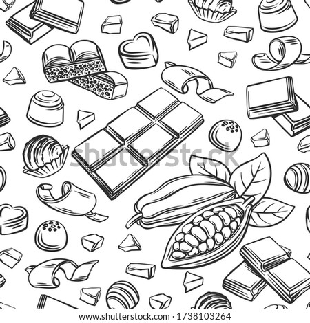 Outline chocolate seamless pattern. Hand drawn candy, Cocoa Beans, Chips, and Chocolate Bar background for confectionery products shop. Vector illustration.