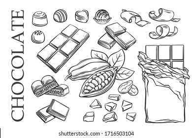 Outline chocolate set icons. Drawn candy, Cocoa Beans, Chips, and Chocolate Bar for confectionery products shop. Vector illustration.
