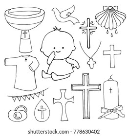 Outline christening set. Used for postcards, congratulations, wallpapers, prints, backgrounds.