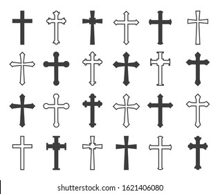 Outline christian crosses. Vector outline and black christian cross collection, decorative crucifix icons isolated on white background