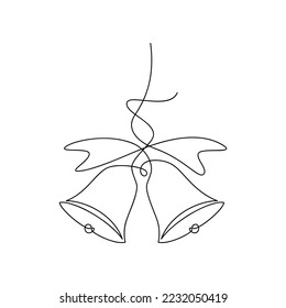 Umrisse Weihnachtsglocken mit Bugvektor eine Linie kontinuierliche Illustration. Winterferien-Handzeichnung. Minimales lineares Symbol. Festliches Design, Druck, Banner, Poster, Postkarte, Neujahr-Grußkarte.